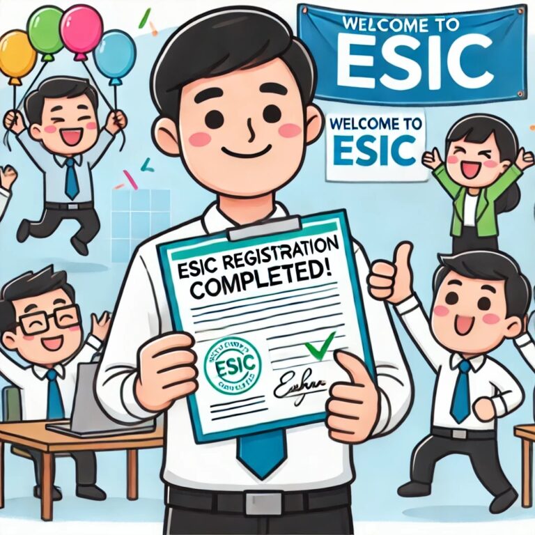 A cartoon-style image of an employer smiling while holding an 'ESIC Registration Completed!' certificate. In the background, cheerful employees celebrate with balloons and a 'Welcome to ESIC' banner, while an ESIC officer gives a thumbs-up.