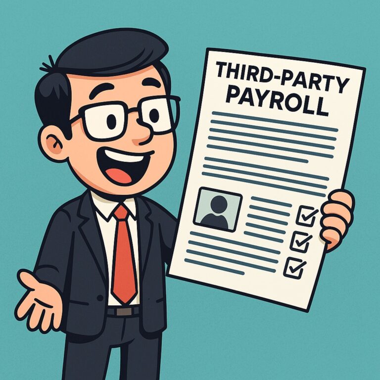 Funny illustration of a happy professional holding a third-party payroll checklist, perfect visual for blogs about outsourcing HR and compliance tasks.