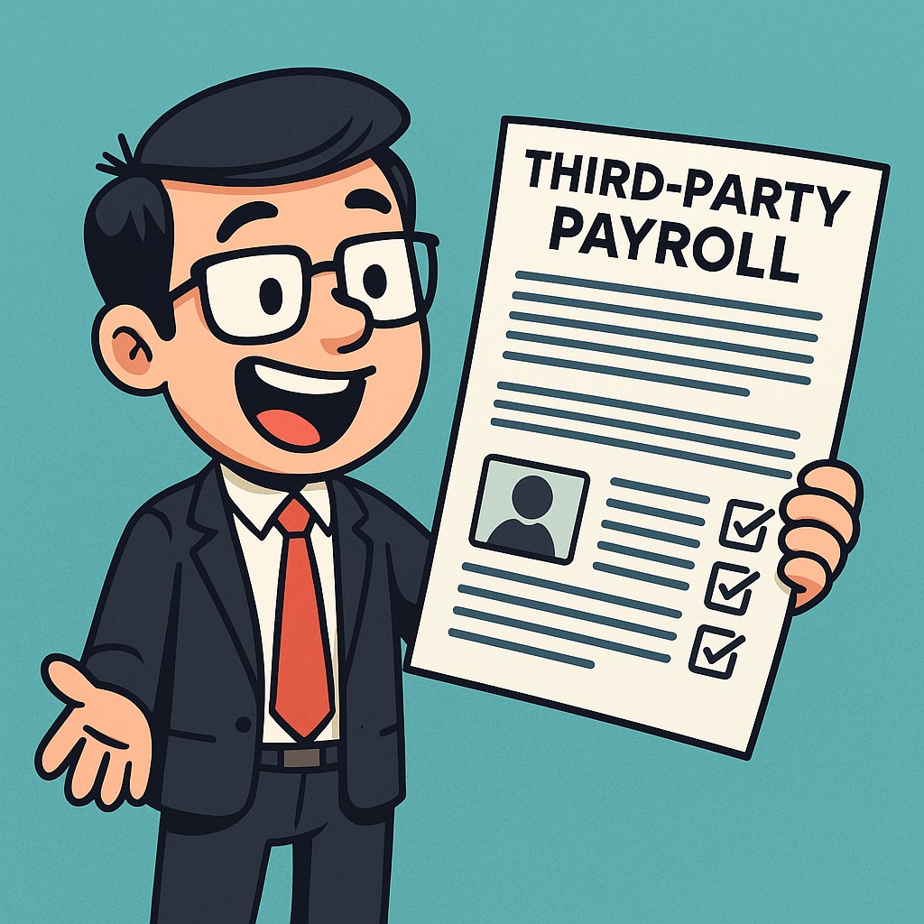 Funny illustration of a happy professional holding a third-party payroll checklist, perfect visual for blogs about outsourcing HR and compliance tasks.