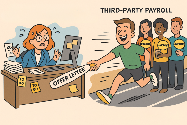 Cartoon showing traditional HR stuck in onboarding chaos, while third-party payroll expert races ahead completing onboarding in record time.