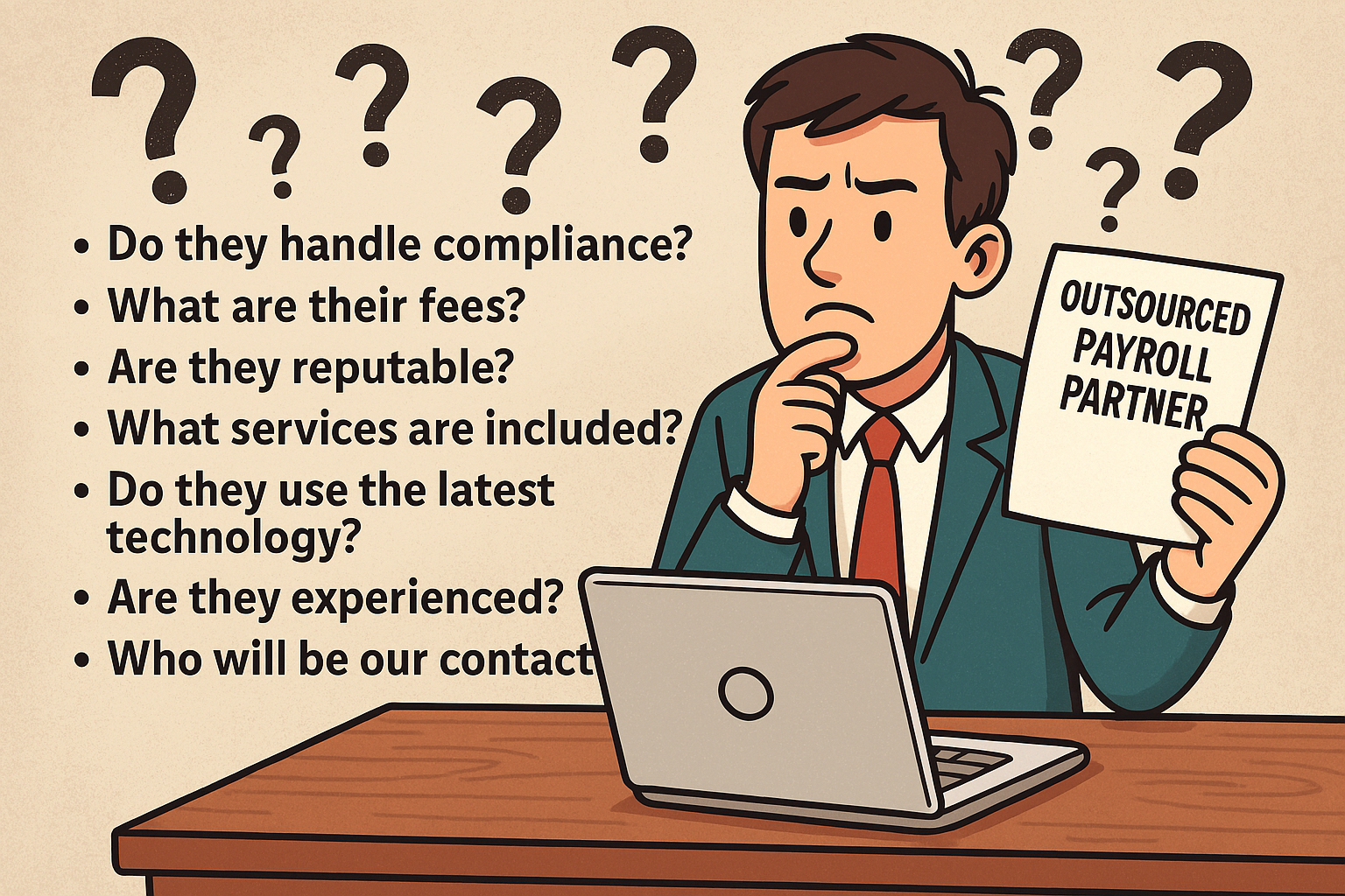 Confused businessman holding a paper on outsourced payroll partner with questions listed like compliance, services, and experience.