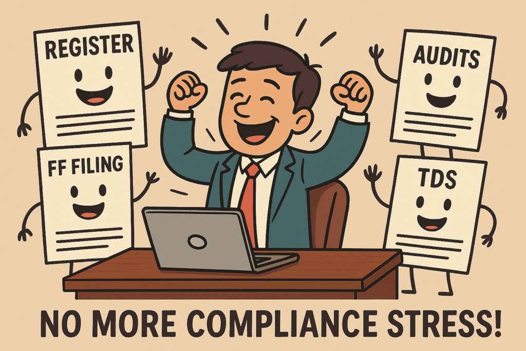 Cartoon of calm HR drinking coffee while Exertion HR expert blocks labor law documents like PF and TDS in superhero style.