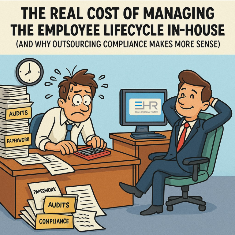 Fun visual contrast between chaotic in-house HR management and the calm of outsourcing compliance to LaBbrio. Perfect for blogs and social media.