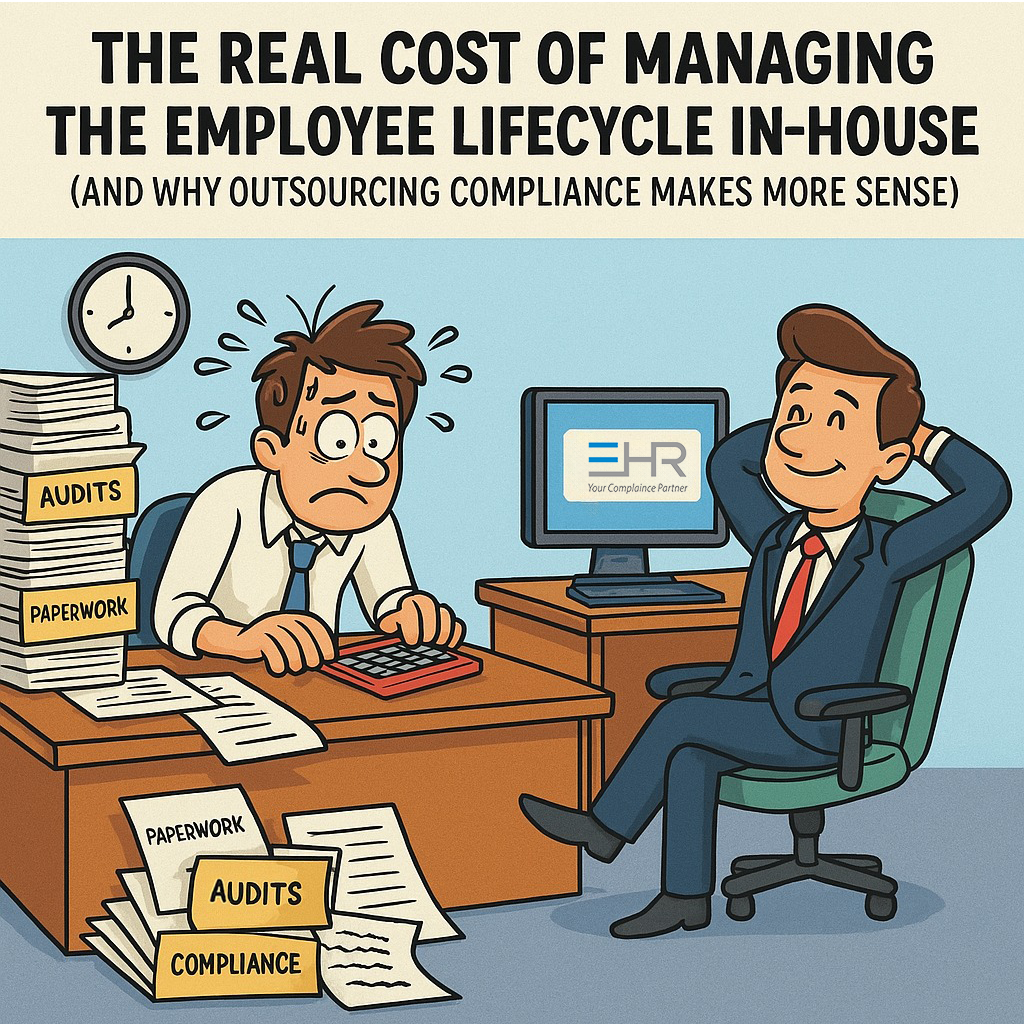 Fun visual contrast between chaotic in-house HR management and the calm of outsourcing compliance to LaBbrio. Perfect for blogs and social media.
