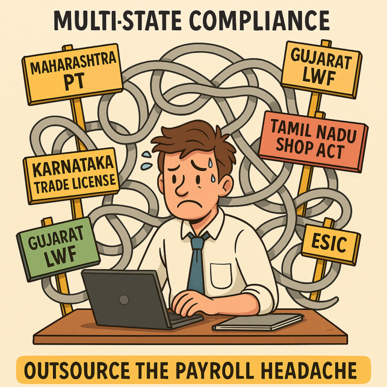 A funny visual of one man vs. India’s multi-state compliance maze. Perfect for blogs on payroll outsourcing and HR challenges.