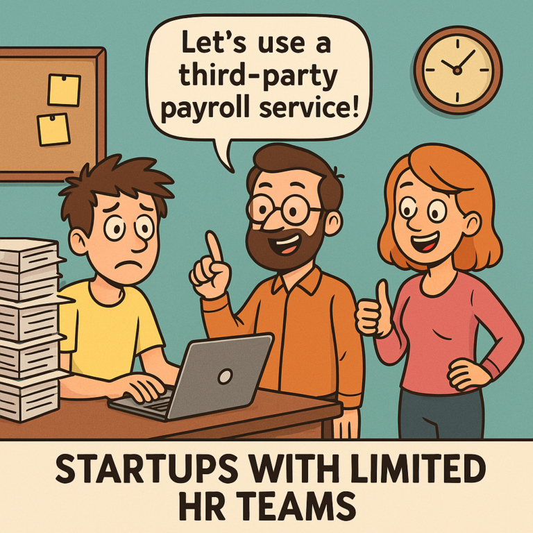 Cartoon of a stressed start-up founder surrounded by HR paperwork while a third-party payroll character calmly manages it all.