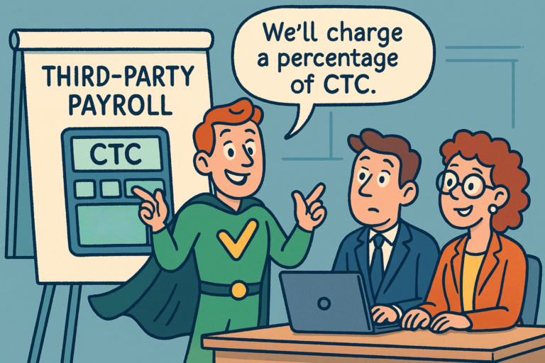 Cartoon showing confused executives overwhelmed by compliance terms, with a payroll expert simplifying it as a CTC-based flat fee.