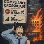 Anime-style office employees panicking at a crossroads sign with a burning building labeled Company D in the background. Compliance Chaos: 1 NOC, 4 Companies & Lakhs in Penalties at Stake