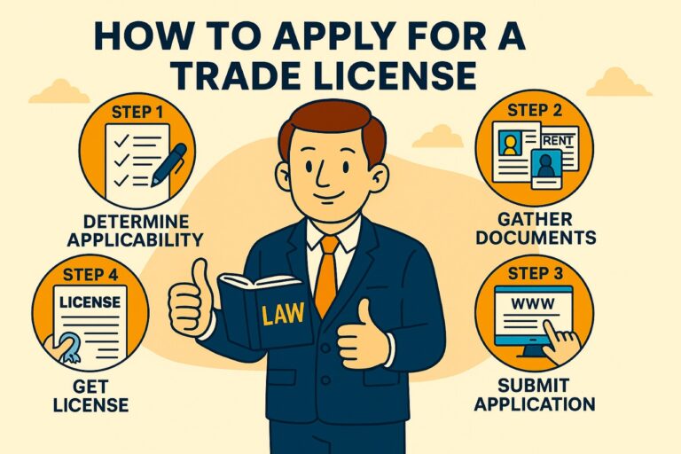 Cartoon illustration showing the step-by-step process of applying for a Trade License in India, including documents and municipal office procedures.