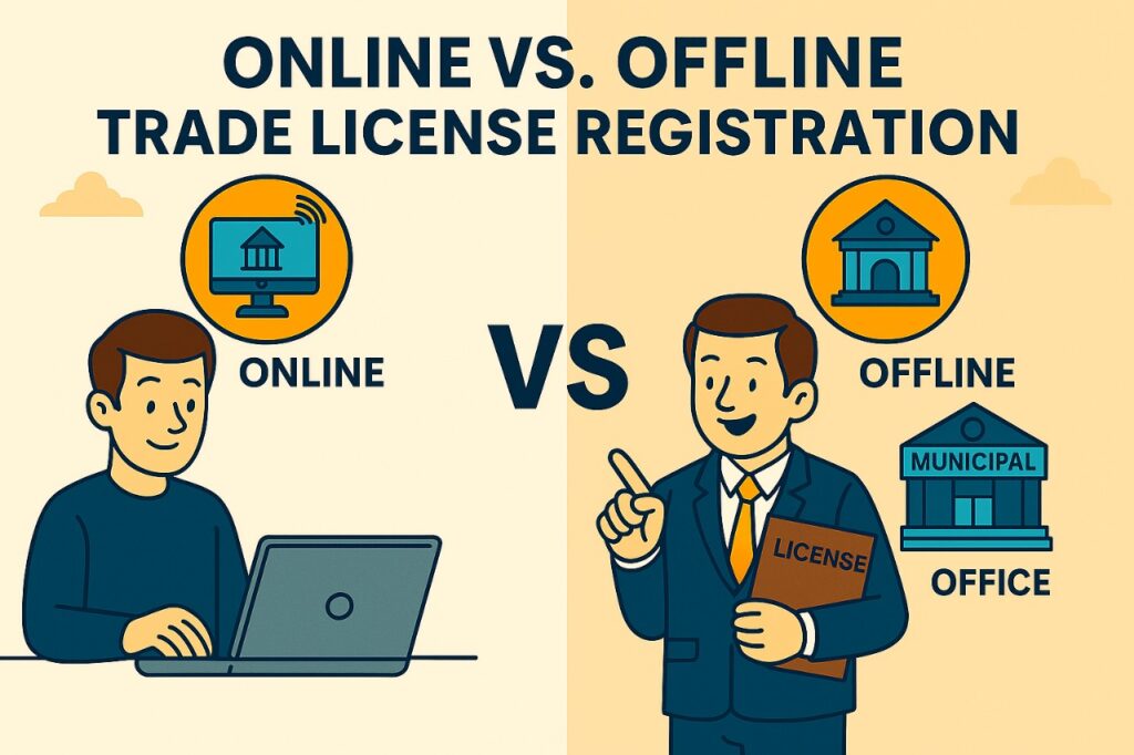 Illustration comparing online and offline trade license registration in India with icons for digital application and municipal office visit.