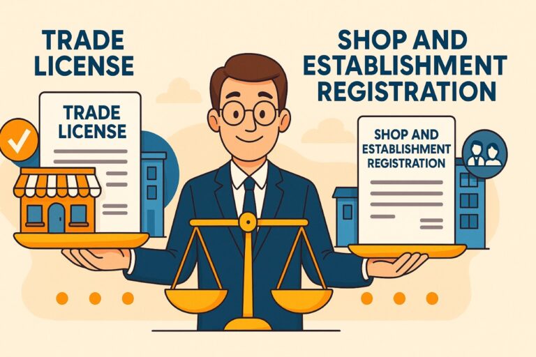 Cartoon illustration comparing Trade License and Shop & Establishment Registration with a businessman balancing both concepts using a scale.