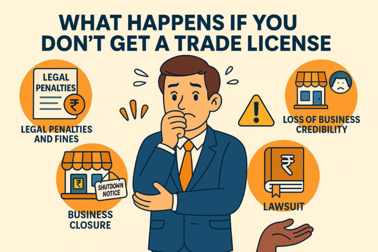 Cartoon illustration showing legal consequences of not having a trade license in India, including fines, shutdown notice, and loss of credibility