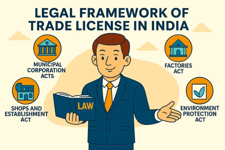 Cartoon illustration showing a businessman with a law book and icons representing Municipal Corporation Acts, Factories Act, Environment Protection Act, and Shops and Establishment Act