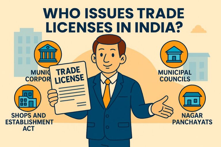 Cartoon illustration of a businessperson receiving a trade license from a municipal officer, showing local authorities like municipal corporations, councils, and panchayats in India.