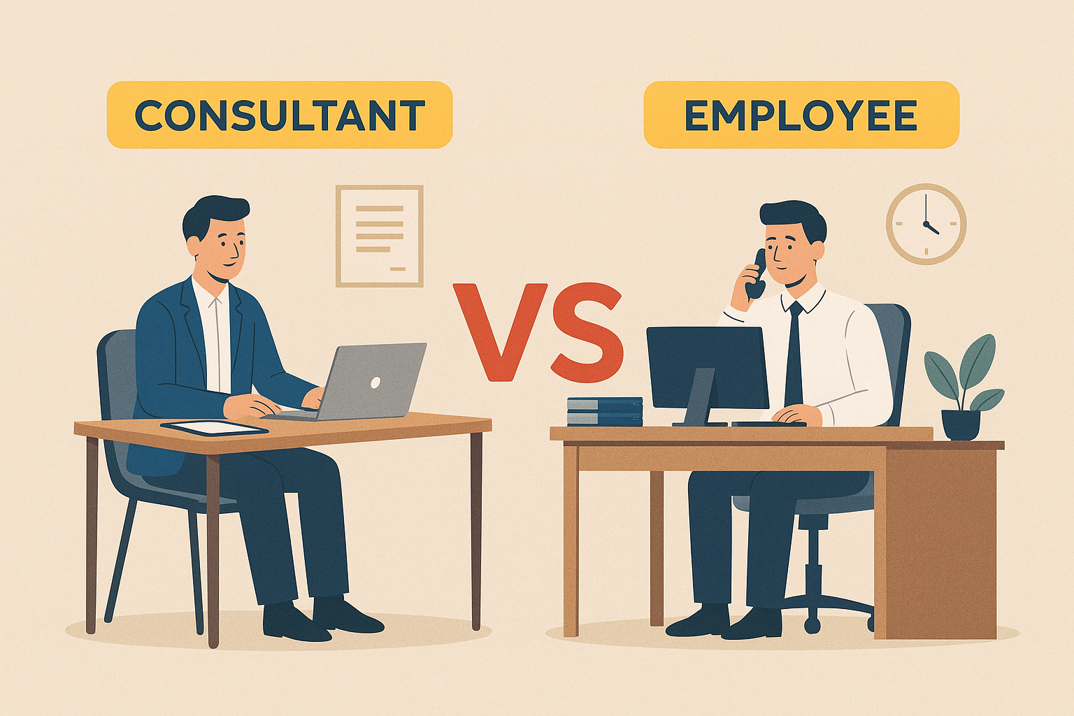 Illustration comparing a consultant and an employee. The consultant is seated at a desk with a laptop, wearing a blue suit, while the employee is at a different desk with a desktop computer, wearing a white shirt and tie, speaking on the phone. A large red “VS” is between them.