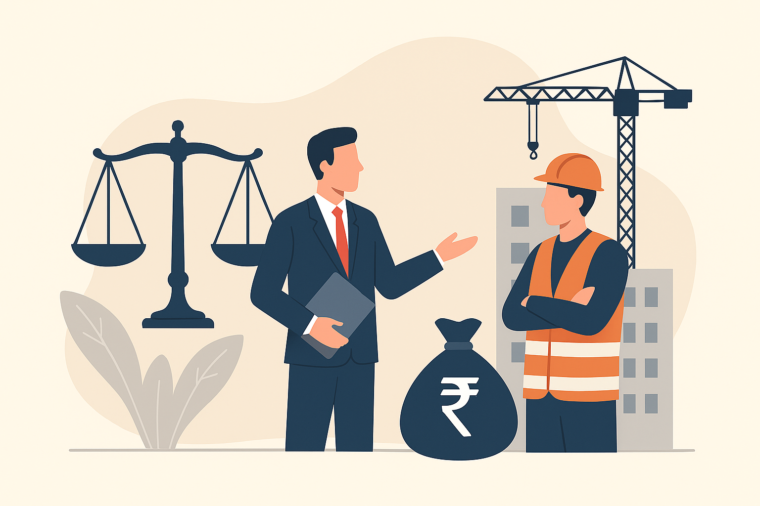 Illustration of legal judgment on BOCW cess, showing balance of justice, businessman, and construction worker with supply contract dispute.