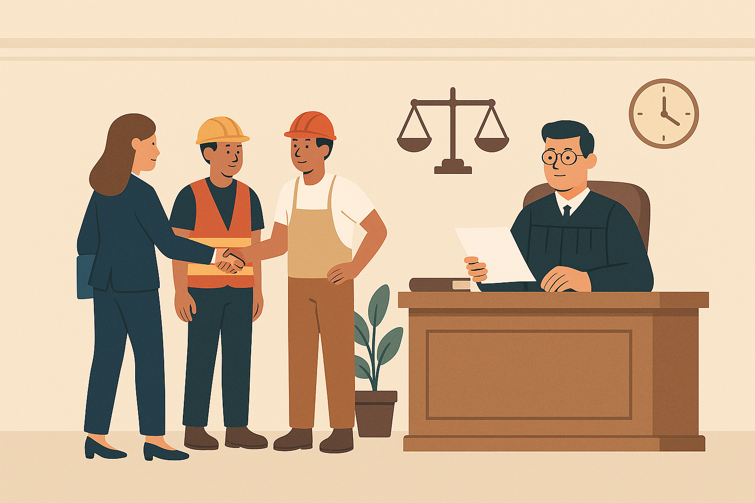 Flat illustration of a judge, businesswoman, and contract workers representing a principal employer’s legal responsibility in a PF case