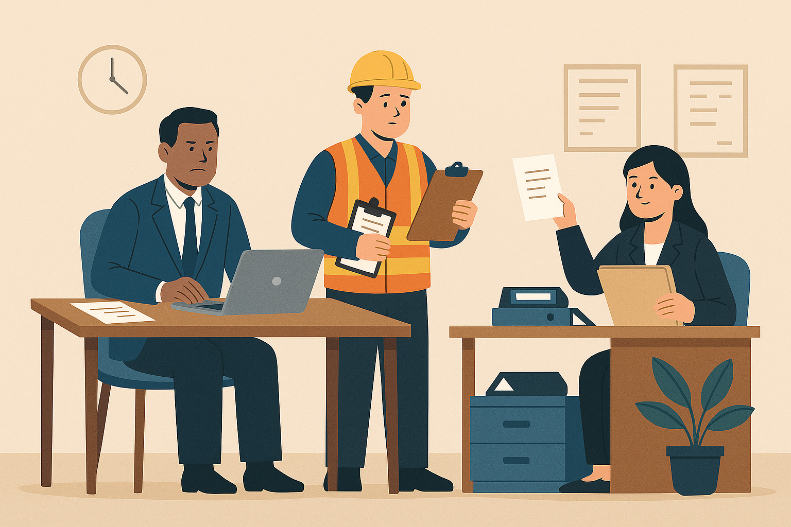 Flat-style illustration showing professional team in a workplace setting, symbolizing PF documentation, inquiry, and contractor verification under Indian EPF law.