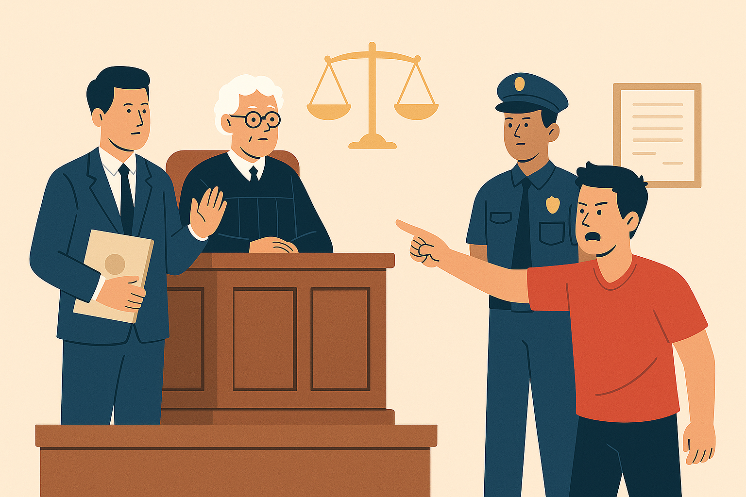 Flat-style illustration of a legal officer in a judicial inquiry setting representing court-like EPF 7A proceedings