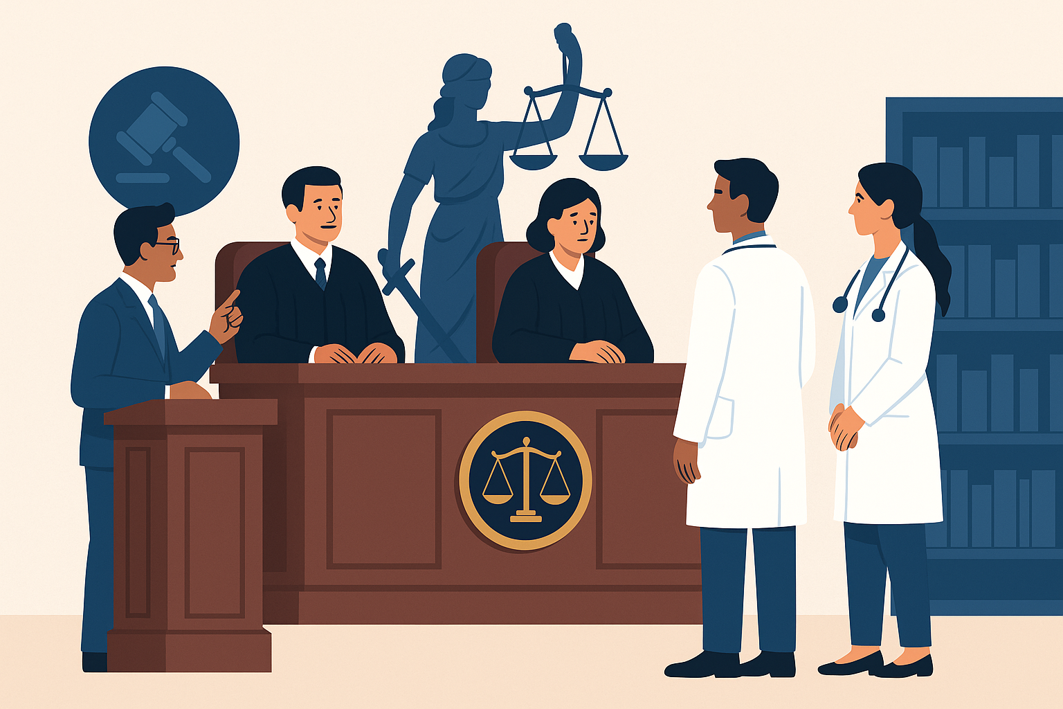 Flat illustration of Kerala High Court ruling on EPF compliance with consultant doctors and judges