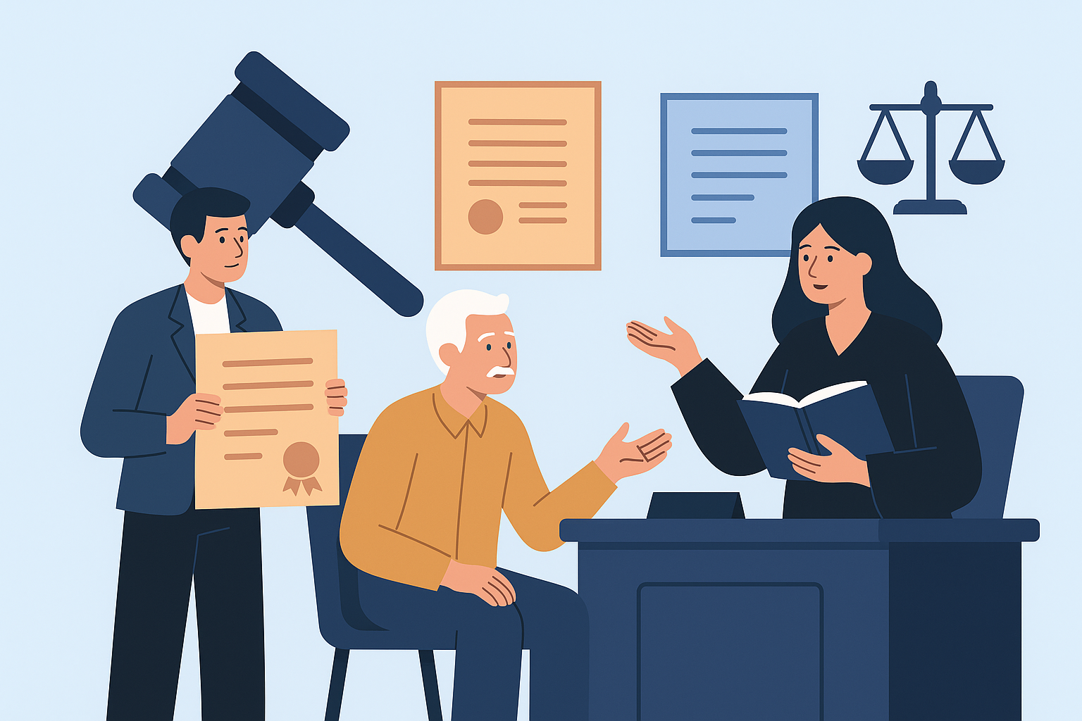 Flat-style digital illustration of professionals in a legal and compliance discussion setup