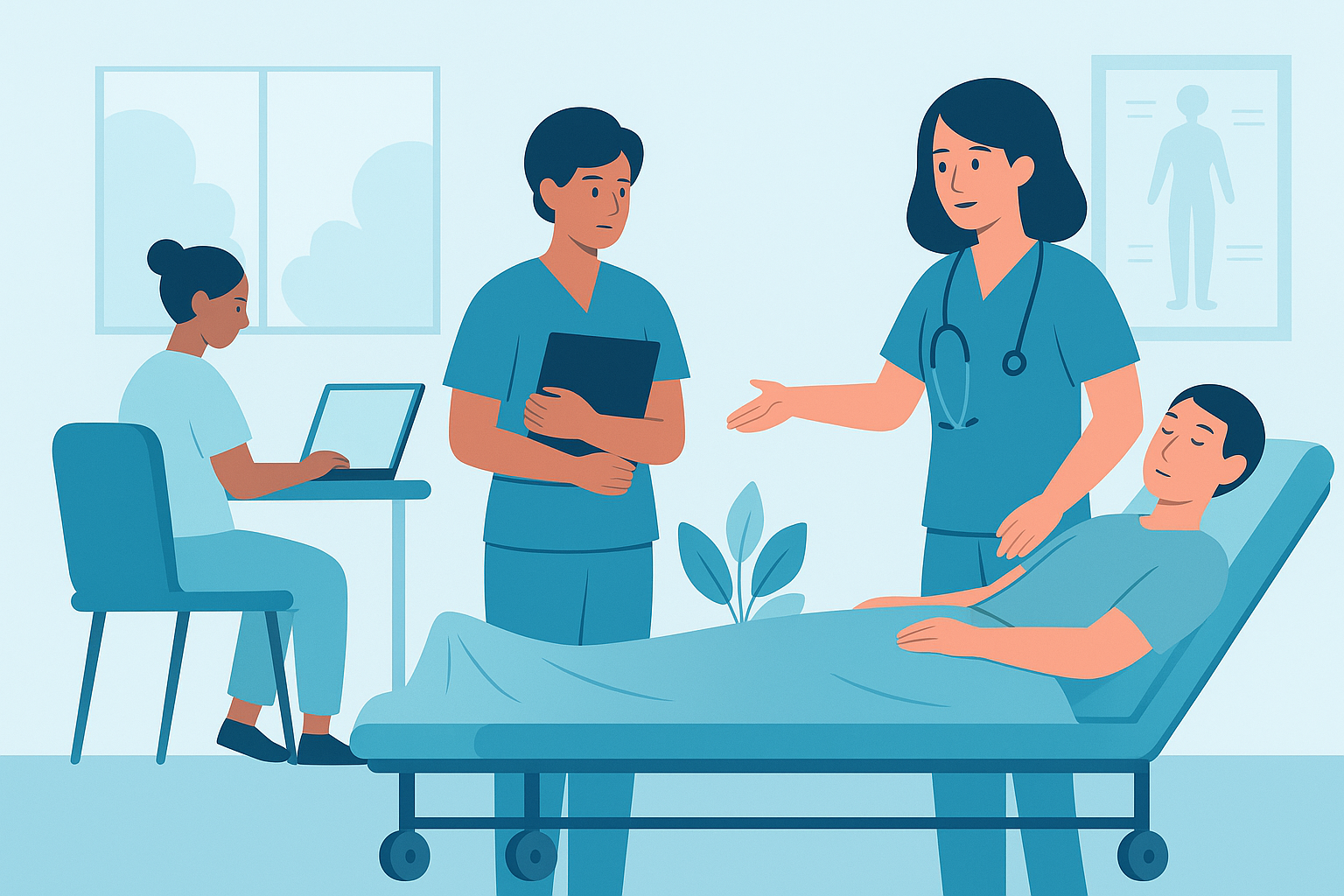 Flat digital illustration showing trainee nurses in a hospital training environment, representing the Kerala High Court's ruling that they are not considered employees under the EPF Act.