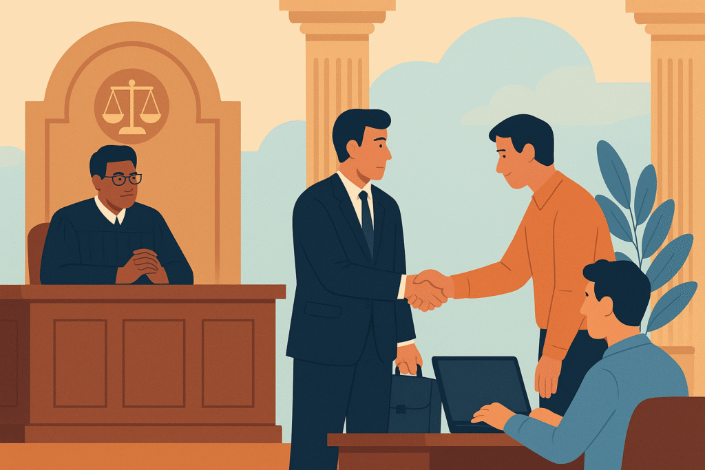 A flat-style digital illustration showing a courtroom scene with a judge on the bench and professionals shaking hands, symbolizing a legal case resolution.