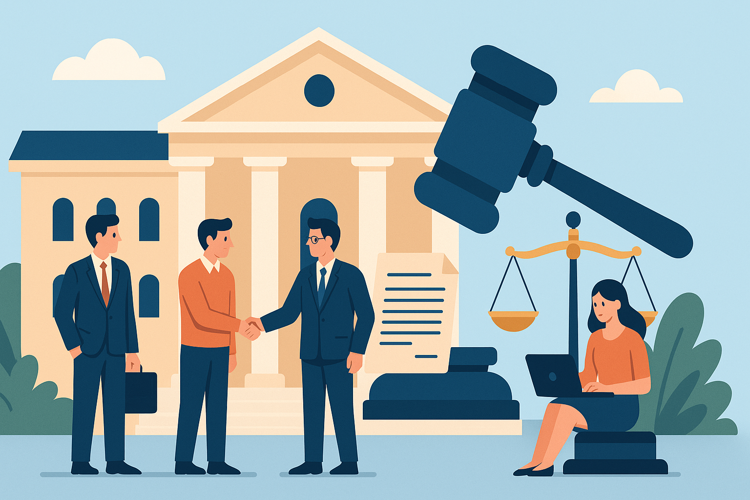 A flat-style illustration showing people outside a courthouse, with professionals shaking hands, a judge’s gavel, legal documents, and scales of justice.