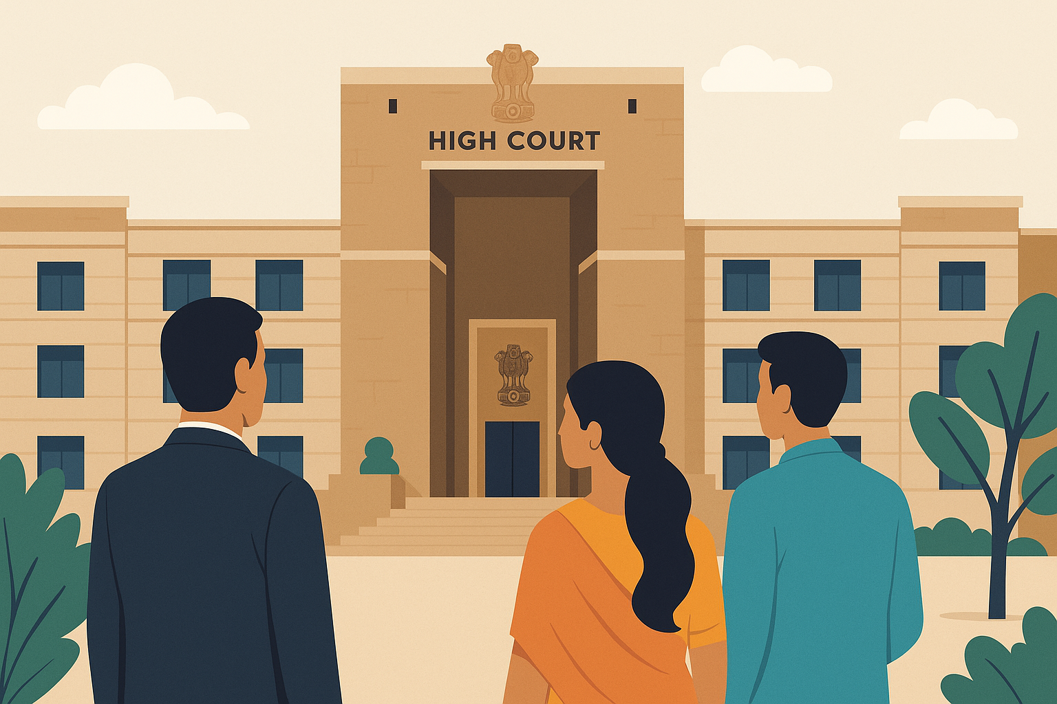 A flat-style illustration showing three people standing in front of the Gujarat High Court building with symmetrical architecture and the Ashoka Pillar emblem.