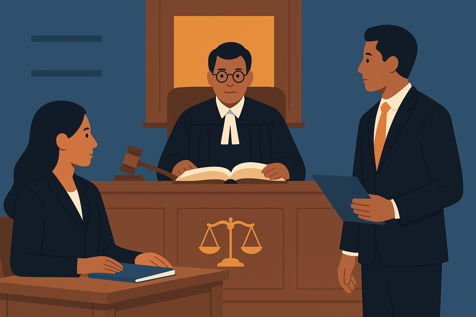 A flat-style illustration showing people outside a neoclassical courthouse with tall columns and a golden justice scale symbol above the entrance.