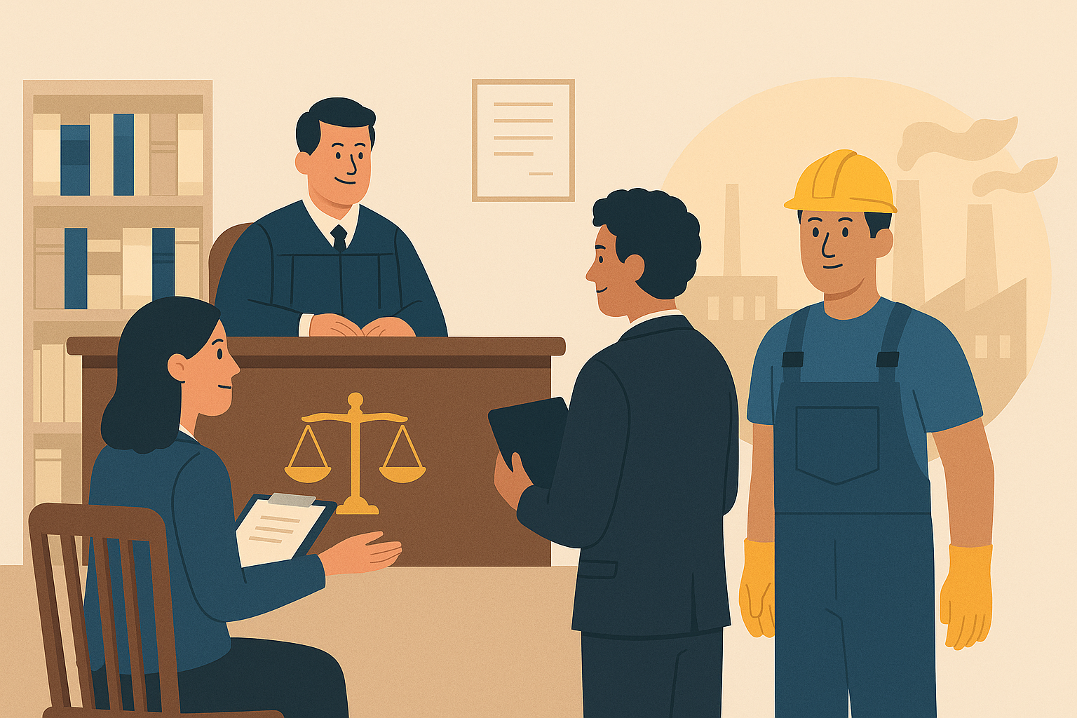 Flat-style legal illustration showing courtroom interaction between judge, lawyers, and a factory worker, symbolizing trade union representation in industrial disputes.