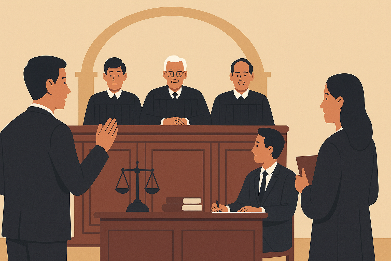 Flat vector illustration of a Supreme Court courtroom in India with judges, lawyers, and workers symbolizing the ESI Act case on contract labour supervision, rendered in clean minimalist style without background symbols.