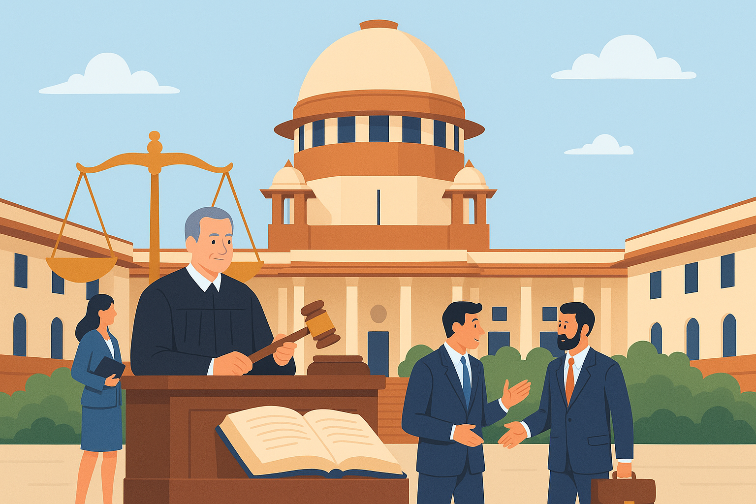 Flat illustration of Supreme Court of India with judge and lawyers representing EPF Act case on establishment independence – RPFC vs Pal’s Continental Exports (2007).