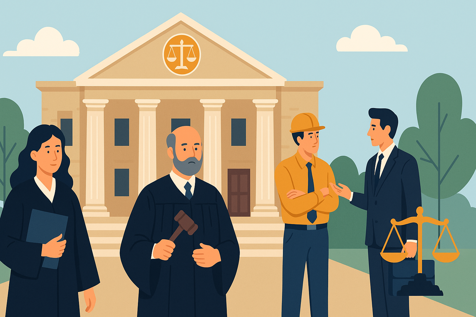 “Flat illustration of Punjab and Haryana High Court with judge, lawyer, and manager representing Industrial Disputes Act case about who qualifies as a workman – Campari Exports Pvt. Ltd. 2025.”