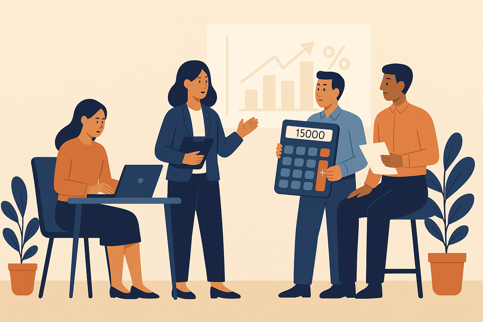 Flat-style illustration showing HR professionals and employees discussing salary and provident fund calculations in an office setting, representing the ₹15,000 EPF contribution limit.