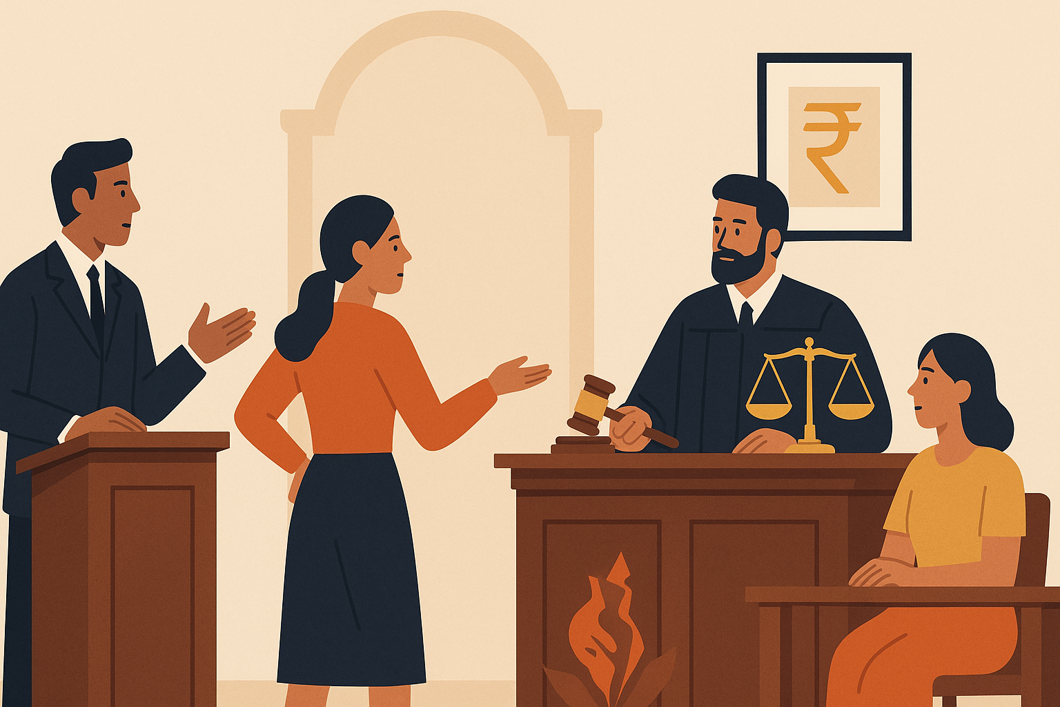 Flat-style illustration showing a courtroom scene with a judge, lawyers, and an employee’s family consulting, symbolizing a Delhi High Court ESI Act judgment involving compensation and the rupee symbol of justice.