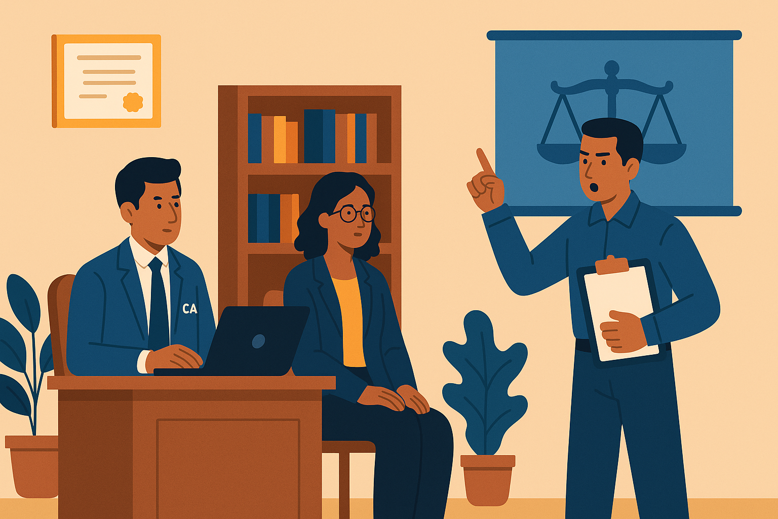 Flat-style illustration showing professionals in a Chartered Accountant firm office discussing with an ESIC officer, symbolizing the Calcutta High Court ruling on ESI Act applicability to CA firms.