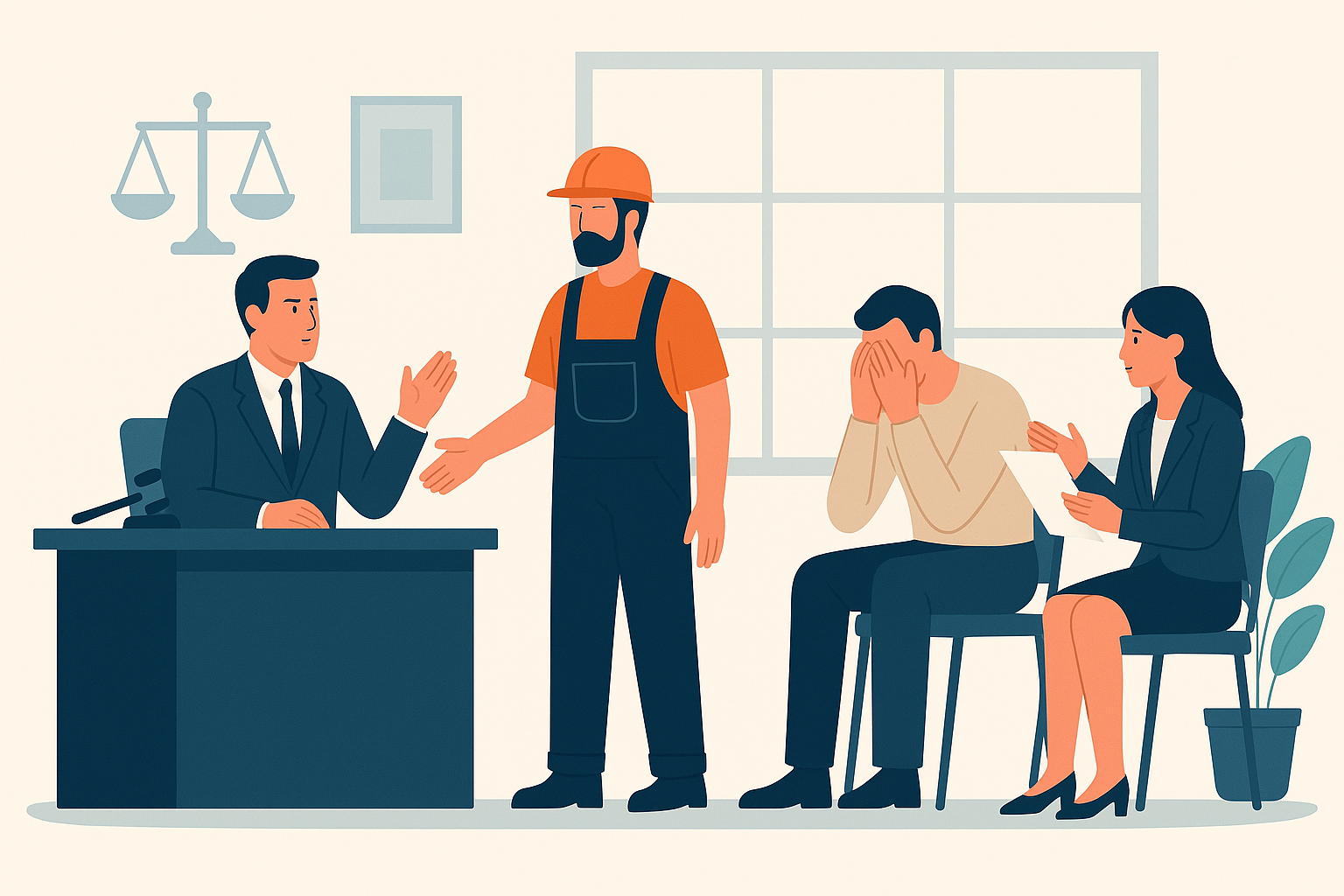 Flat-style landscape illustration showing a judge, a worker, and an employer in a courtroom setting representing labour law judgment under Section 25F of the Industrial Disputes Act, 1947.