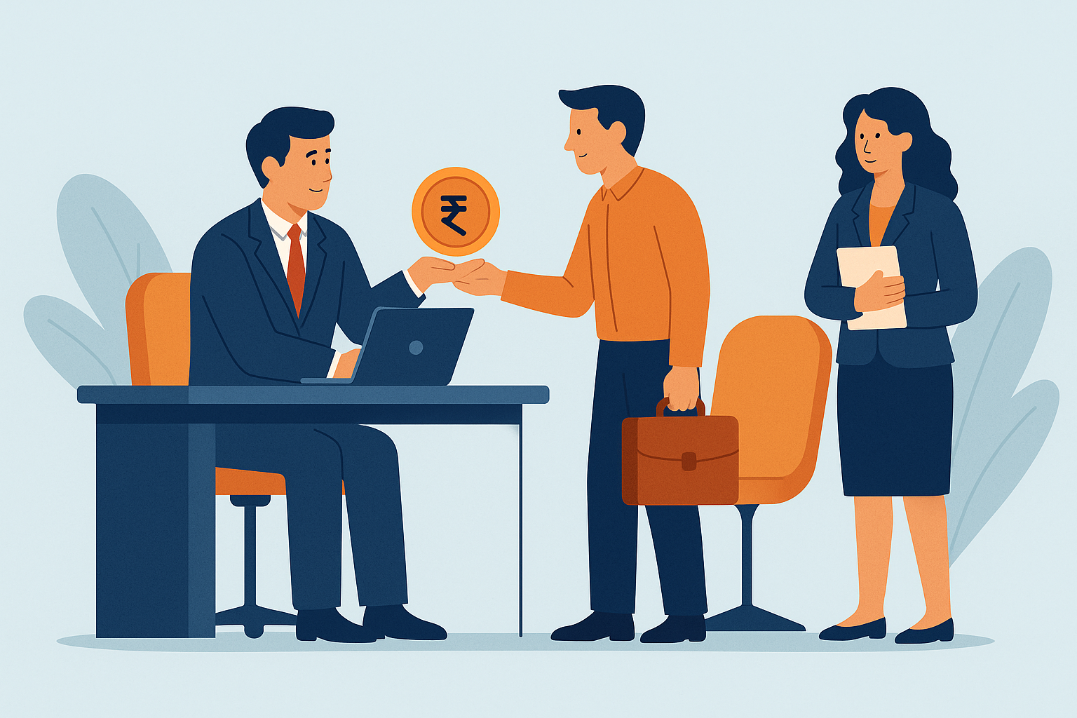 Flat-style landscape illustration showing an employer handing a bonus to an employee in an office setting, symbolizing fair wage and bonus compliance under the Payment of Bonus Act.